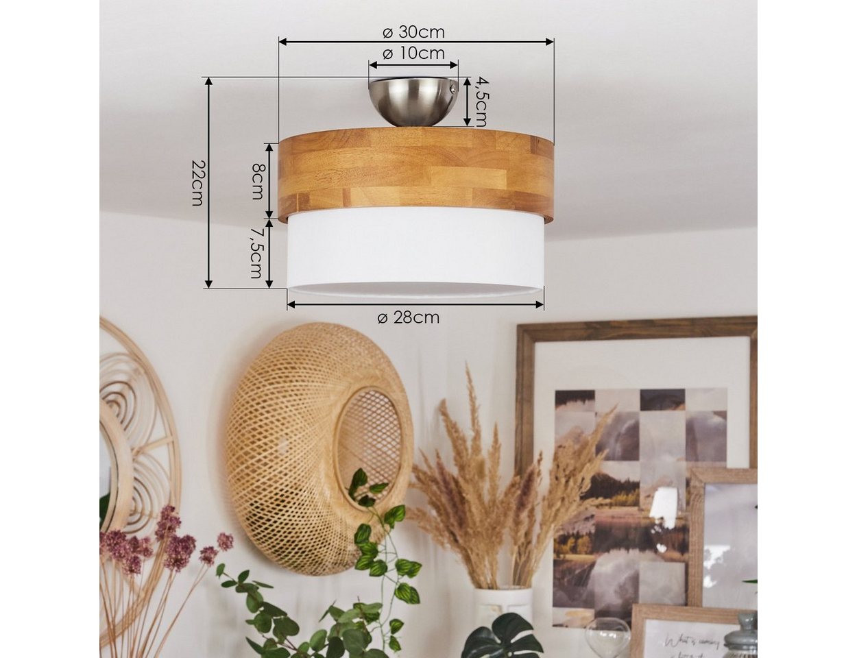 hofstein Deckenleuchte »Campitello« Deckenlampe aus Metall/Holz/Stoff, Nickel-matt/Natur/Weiß, ohne Leuchtmittel, Leuchte im skandinavischen Design, Ø30cm, 2xE1 – Bild 4 von 5