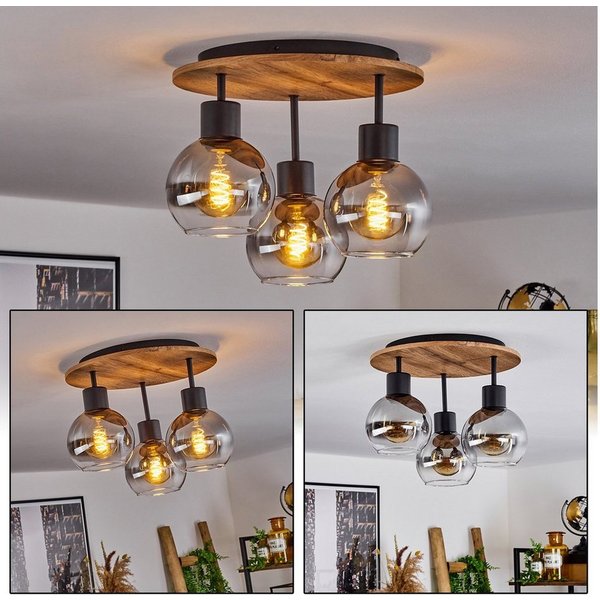 hofstein Deckenleuchte »Canove« Deckenlampe, Metall/MDF/Glas, Schwarz/Holzoptik/Rauchfarben, ohne Leuchtmittel, E27, Moderne Leuchte