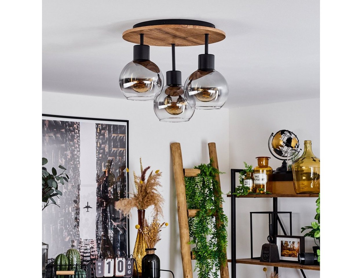 hofstein Deckenleuchte »Canove« Deckenlampe, Metall/MDF/Glas, Schwarz/Holzoptik/Rauchfarben, ohne Leuchtmittel, E27, Moderne Leuchte – Bild 2 von 5
