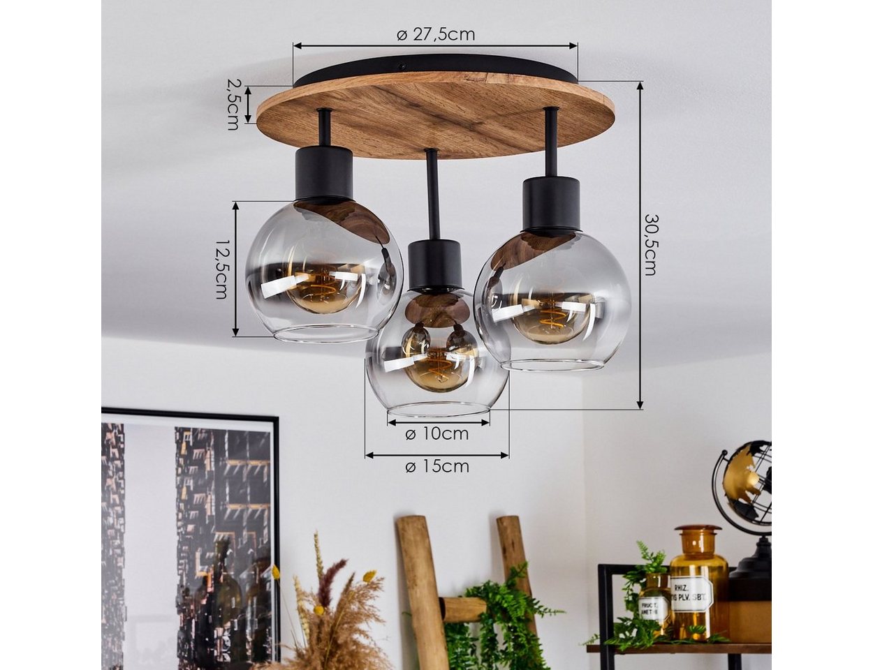 hofstein Deckenleuchte »Canove« Deckenlampe, Metall/MDF/Glas, Schwarz/Holzoptik/Rauchfarben, ohne Leuchtmittel, E27, Moderne Leuchte – Bild 4 von 5