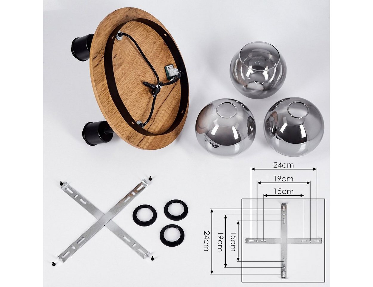 hofstein Deckenleuchte »Canove« Deckenlampe, Metall/MDF/Glas, Schwarz/Holzoptik/Rauchfarben, ohne Leuchtmittel, E27, Moderne Leuchte – Bild 5 von 5