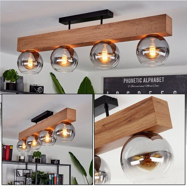 hofstein Deckenleuchte »Canove« Deckenlampe, Metall/MDF/Glas, Schwarz/Holzoptik/Rauchfarben, ohne Leuchtmittel, Leuchte im Retro/Vintage-Design, Schirmen aus Ra