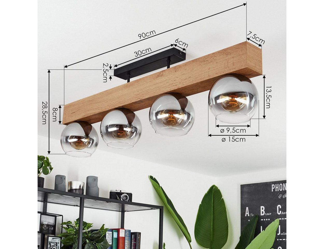 hofstein Deckenleuchte »Canove« Deckenlampe, Metall/MDF/Glas, Schwarz/Holzoptik/Rauchfarben, ohne Leuchtmittel, Leuchte im Retro/Vintage-Design, Schirmen aus Ra – Bild 4 von 5