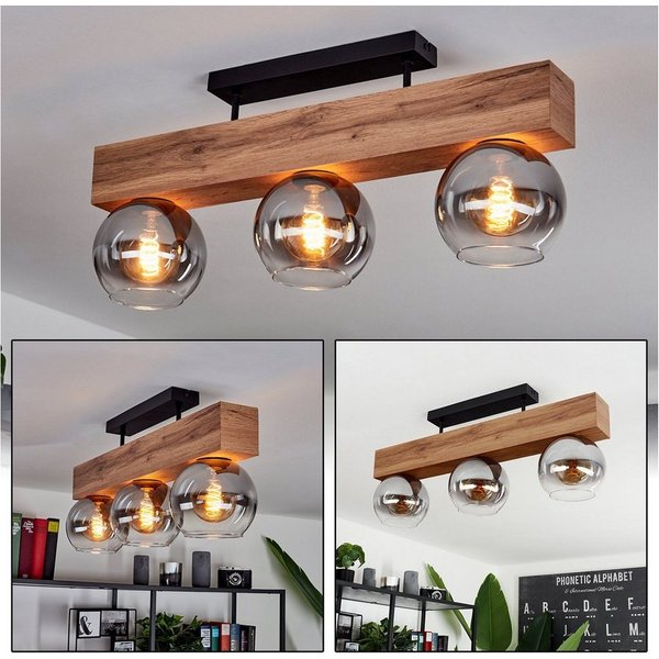 hofstein Deckenleuchte »Canove« Deckenlampe, Metall/MDF/Glas, Schwarz/Holzoptik/Rauchfarben, ohne Leuchtmittel, Leuchte im Vintage-Design mit Schirmen aus Rauch