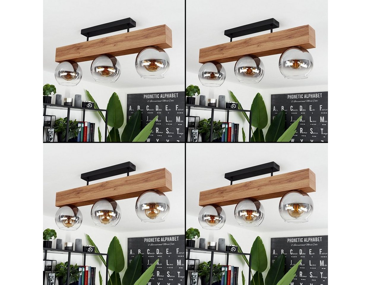 hofstein Deckenleuchte »Canove« Deckenlampe, Metall/MDF/Glas, Schwarz/Holzoptik/Rauchfarben, ohne Leuchtmittel, Leuchte im Vintage-Design mit Schirmen aus Rauch – Bild 2 von 5