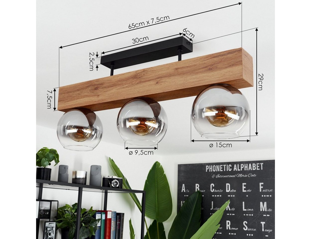 hofstein Deckenleuchte »Canove« Deckenlampe, Metall/MDF/Glas, Schwarz/Holzoptik/Rauchfarben, ohne Leuchtmittel, Leuchte im Vintage-Design mit Schirmen aus Rauch – Bild 4 von 5