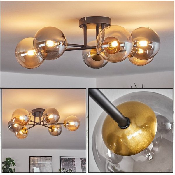 hofstein Deckenleuchte Deckenlampe, Metall/Glas in Schwarz/Gold/Bernsteinfarben/Rauchfarben, ohne Leuchtmittel, Leuchte mit Schirmen aus Glas (12cm), 6 x G9, oh