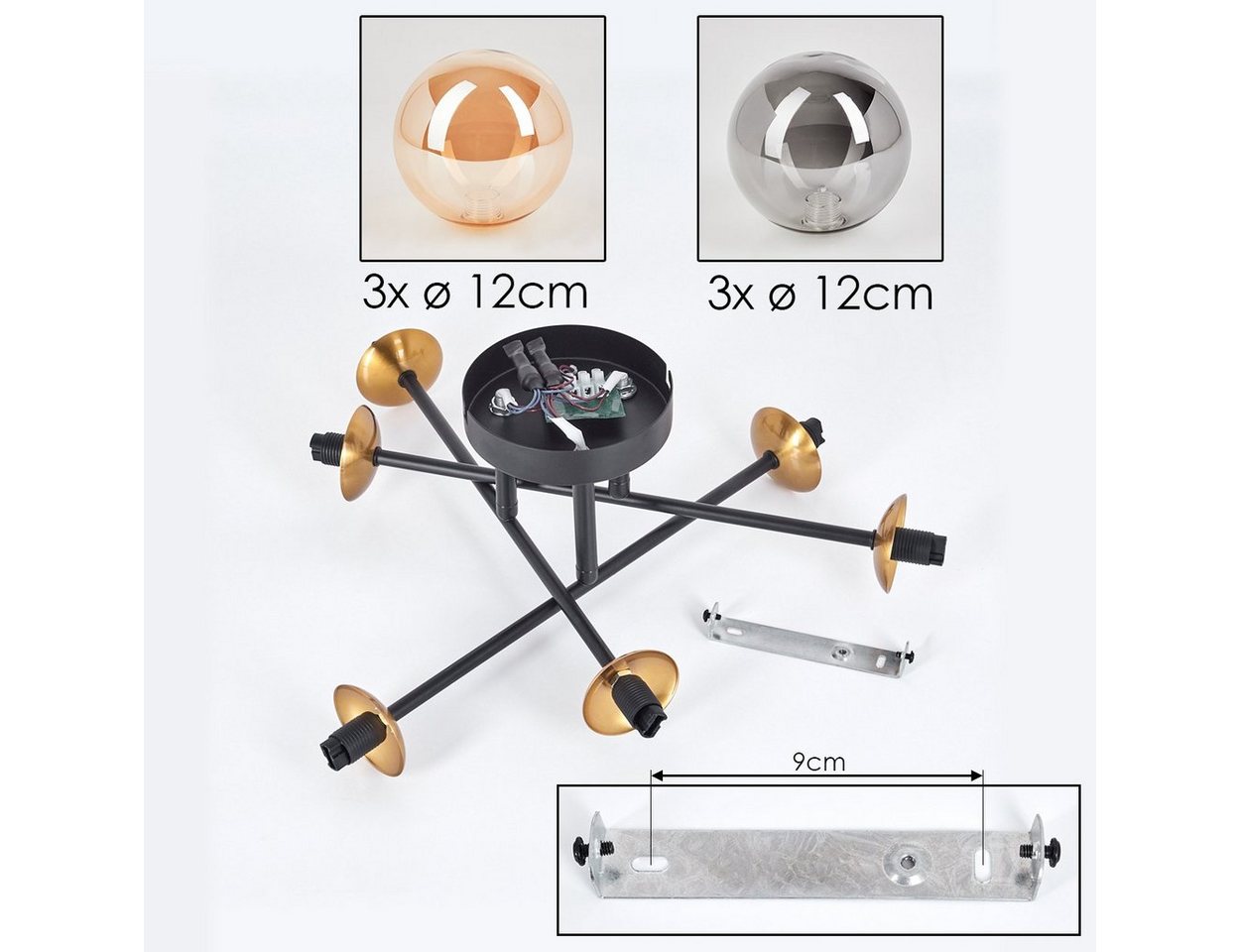 hofstein Deckenleuchte Deckenlampe, Metall/Glas in Schwarz/Gold/Bernsteinfarben/Rauchfarben, ohne Leuchtmittel, Leuchte mit Schirmen aus Glas (12cm), 6 x G9, oh – Bild 5 von 5
