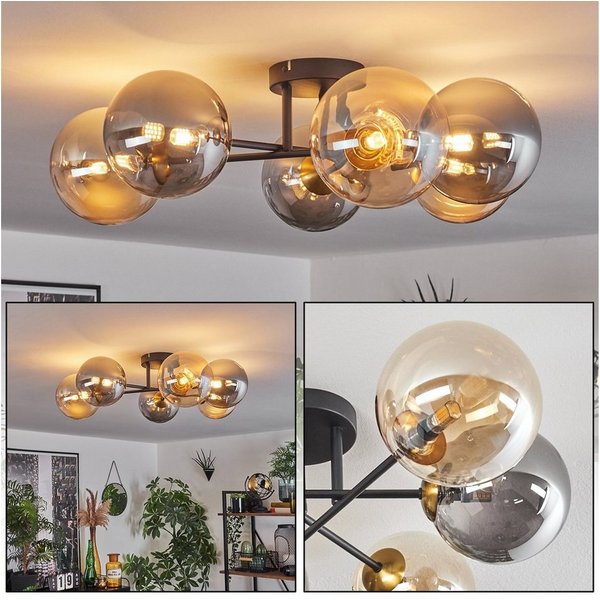 hofstein Deckenleuchte Deckenlampe, Metall/Glas in Schwarz/Goldfarben/Rauchfarben/Bernstein, ohne Leuchtmittel, Leuchte mit Schirmen aus Glas (15cm), 6 x G9, oh