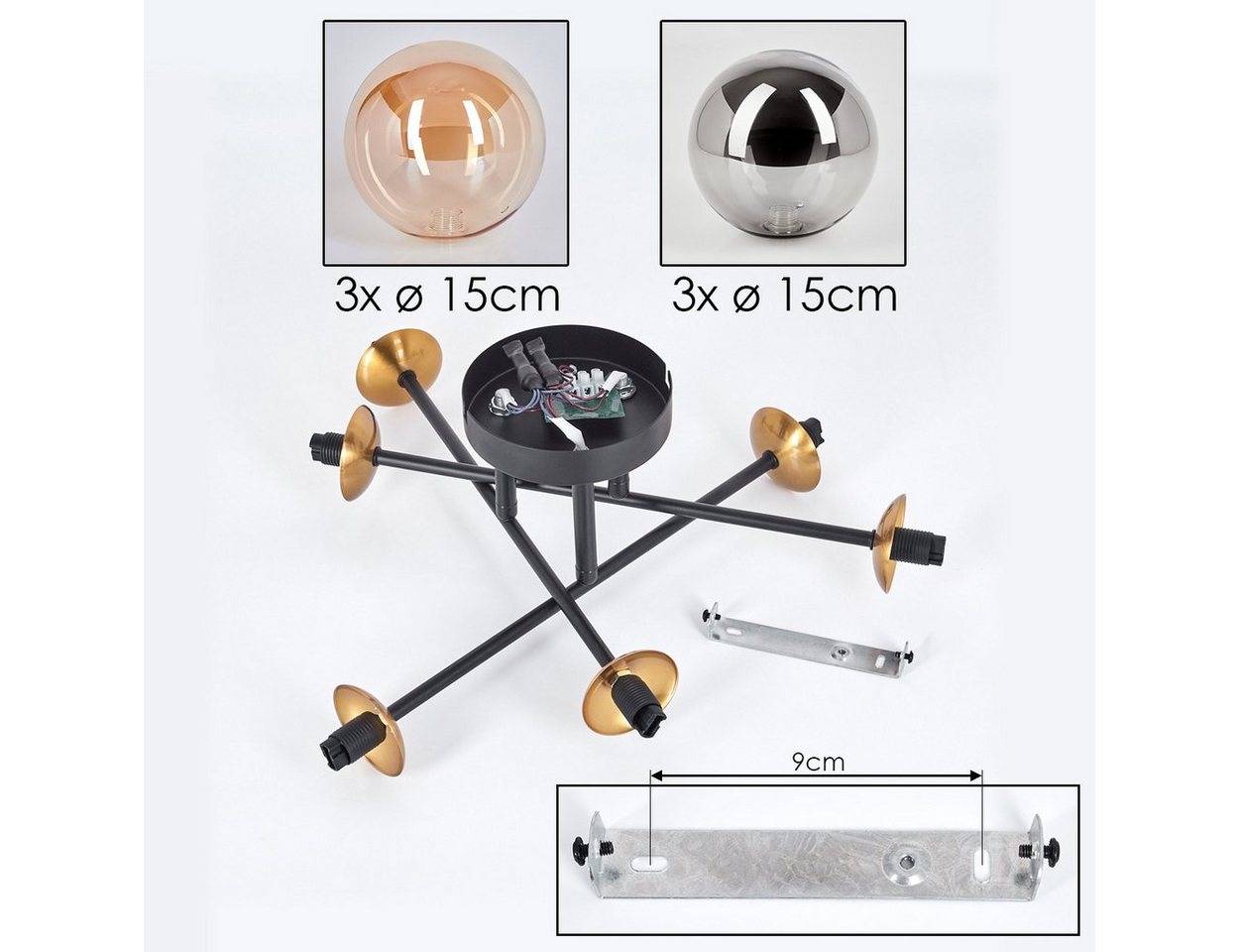 hofstein Deckenleuchte Deckenlampe, Metall/Glas in Schwarz/Goldfarben/Rauchfarben/Bernstein, ohne Leuchtmittel, Leuchte mit Schirmen aus Glas (15cm), 6 x G9, oh – Bild 5 von 5