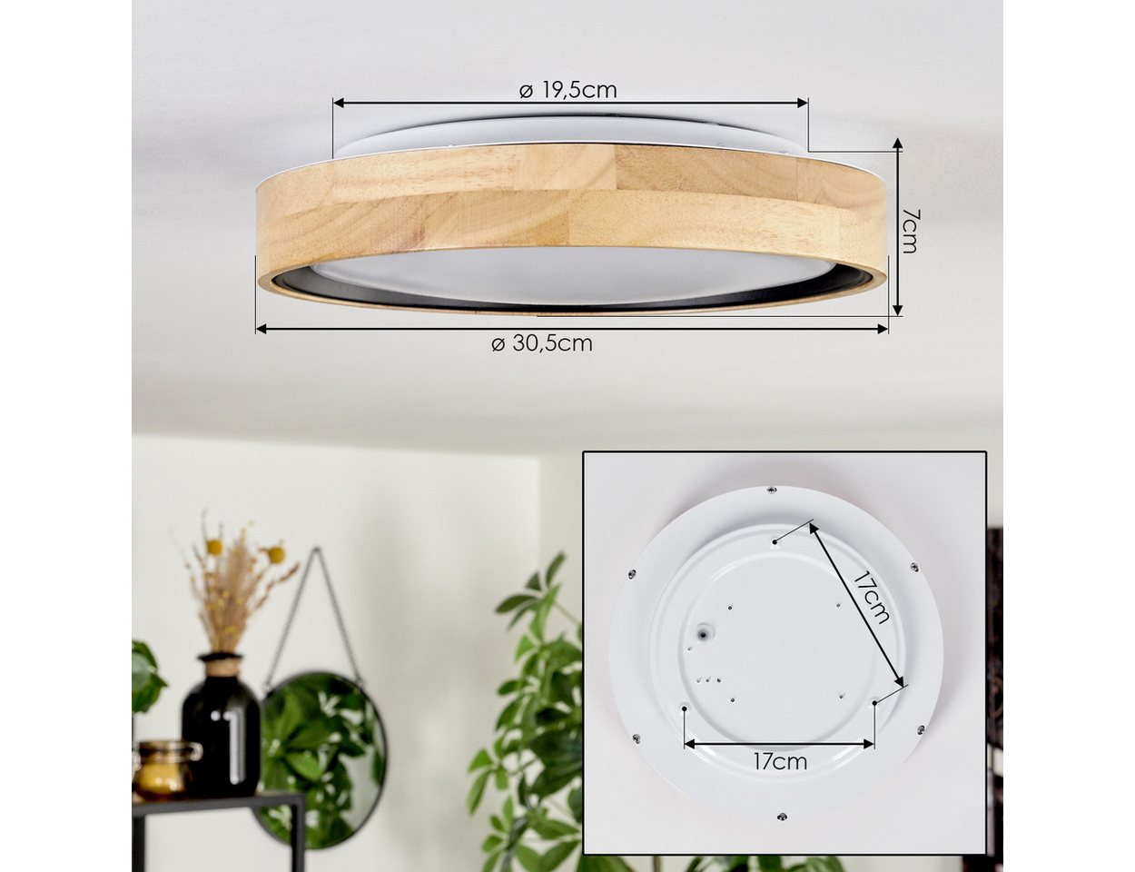 hofstein Deckenleuchte Deckenlampe aus Holz/Metall/Kunststoff in Natur/farbenWeiß, LED wechselbar, 3000 Kelvin, im skandinavisch/modernen Design mit rundem Schi – Bild 4 von 5