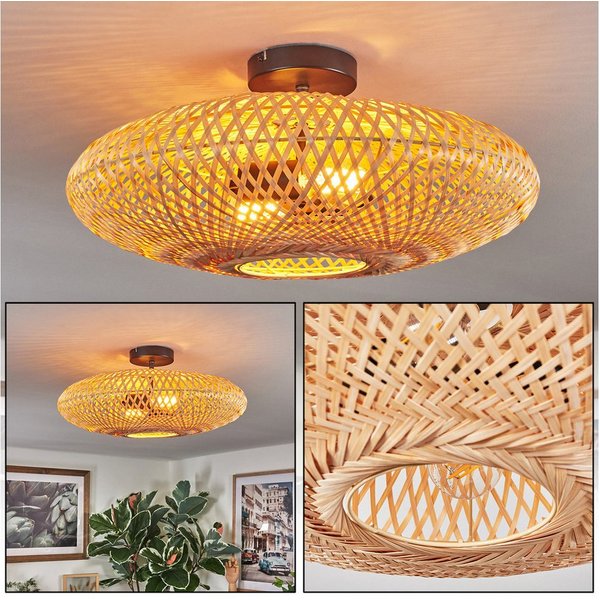 hofstein Deckenleuchte Deckenlampe aus Metall/Bast in Schwarz/Naturfarben, ohne Leuchtmittel, Leuchte im modernen Boho-Design (50 cm) mit tollem Lichteffekt, E2