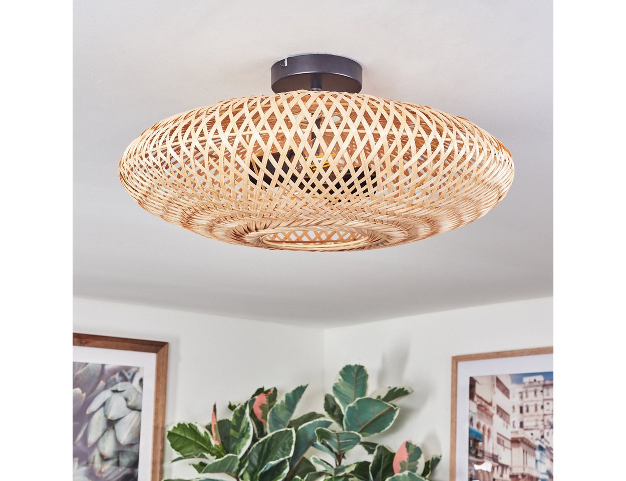 hofstein Deckenleuchte Deckenlampe aus Metall/Bast in Schwarz/Naturfarben, ohne Leuchtmittel, Leuchte im modernen Boho-Design (50 cm) mit tollem Lichteffekt, E2 – Bild 2 von 5