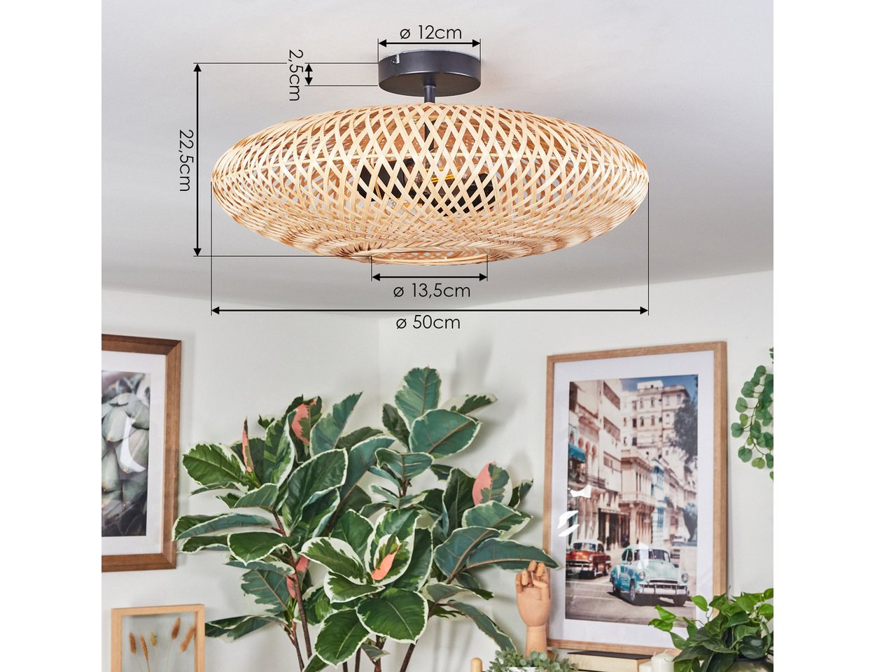 hofstein Deckenleuchte Deckenlampe aus Metall/Bast in Schwarz/Naturfarben, ohne Leuchtmittel, Leuchte im modernen Boho-Design (50 cm) mit tollem Lichteffekt, E2 – Bild 4 von 5