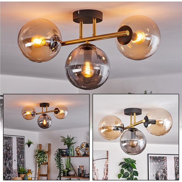 hofstein Deckenleuchte Deckenlampe aus Metall/Glas in Schwarz/Gold-/Bernstein-/Rauchfarben, ohne Leuchtmittel, Leuchte im Retro/Vintage-Design mit Glasschirm (1