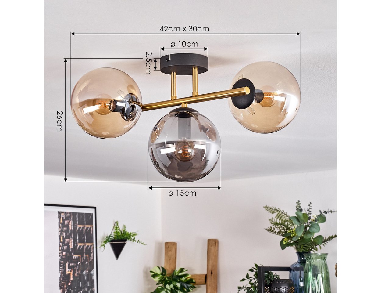 hofstein Deckenleuchte Deckenlampe aus Metall/Glas in Schwarz/Gold-/Bernstein-/Rauchfarben, ohne Leuchtmittel, Leuchte im Retro/Vintage-Design mit Glasschirm (1 – Bild 4 von 5
