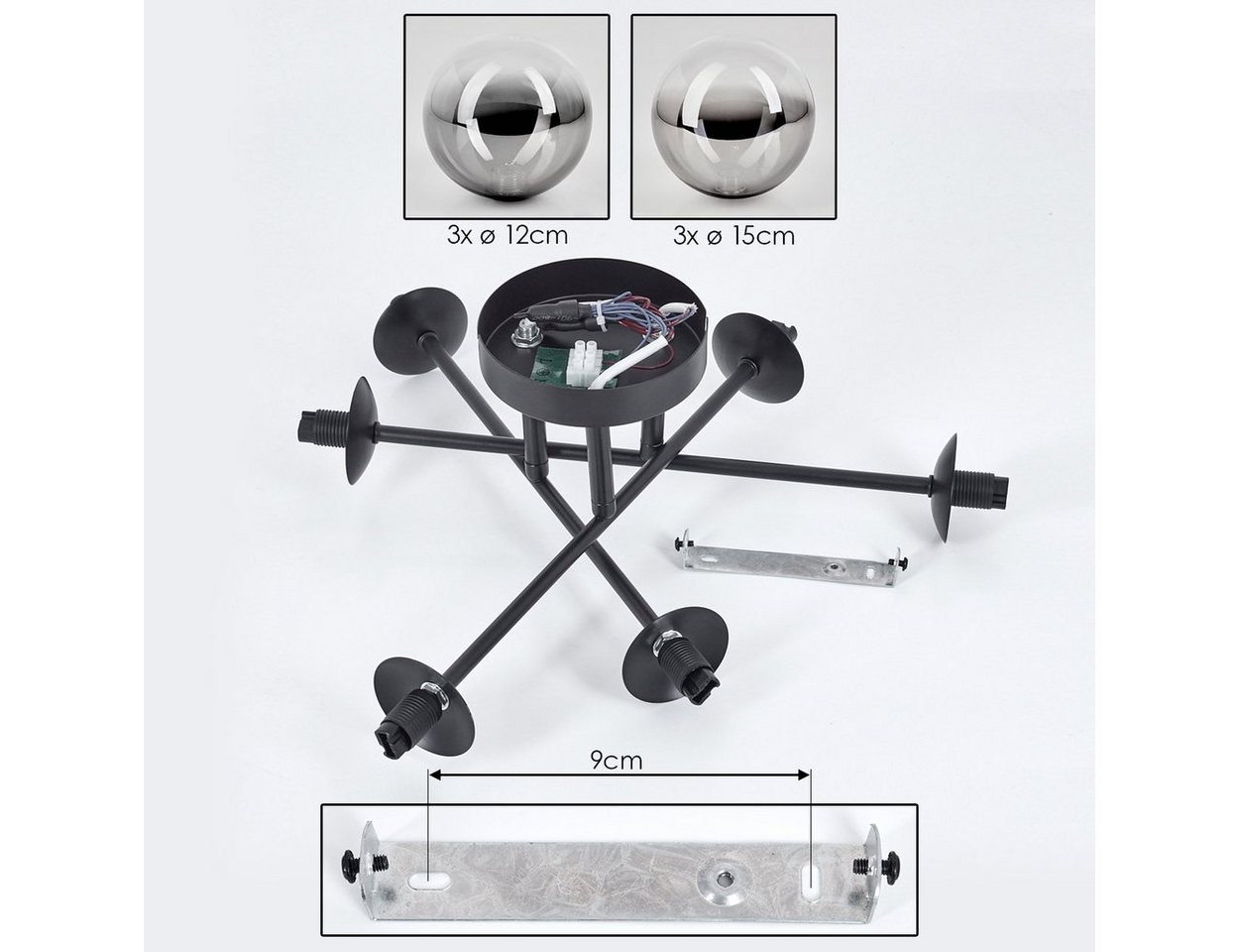 hofstein Deckenleuchte Deckenlampe aus Metall/Glas in Schwarz/Rauchfarben/Klar, ohne Leuchtmittel, Leuchte mit Glasschirmen (12 cm, 15 cm), 6 x G9, ohne Leuchtm – Bild 5 von 5