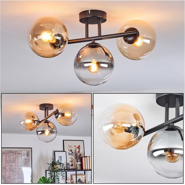 hofstein Deckenleuchte Deckenlampe aus Metall/Glas in Schwarz/Rauch/Bernstein/Klar, Deckenleuchte im modernen Vintage-Design (Schirme Ø 15 cm), 3 x E14