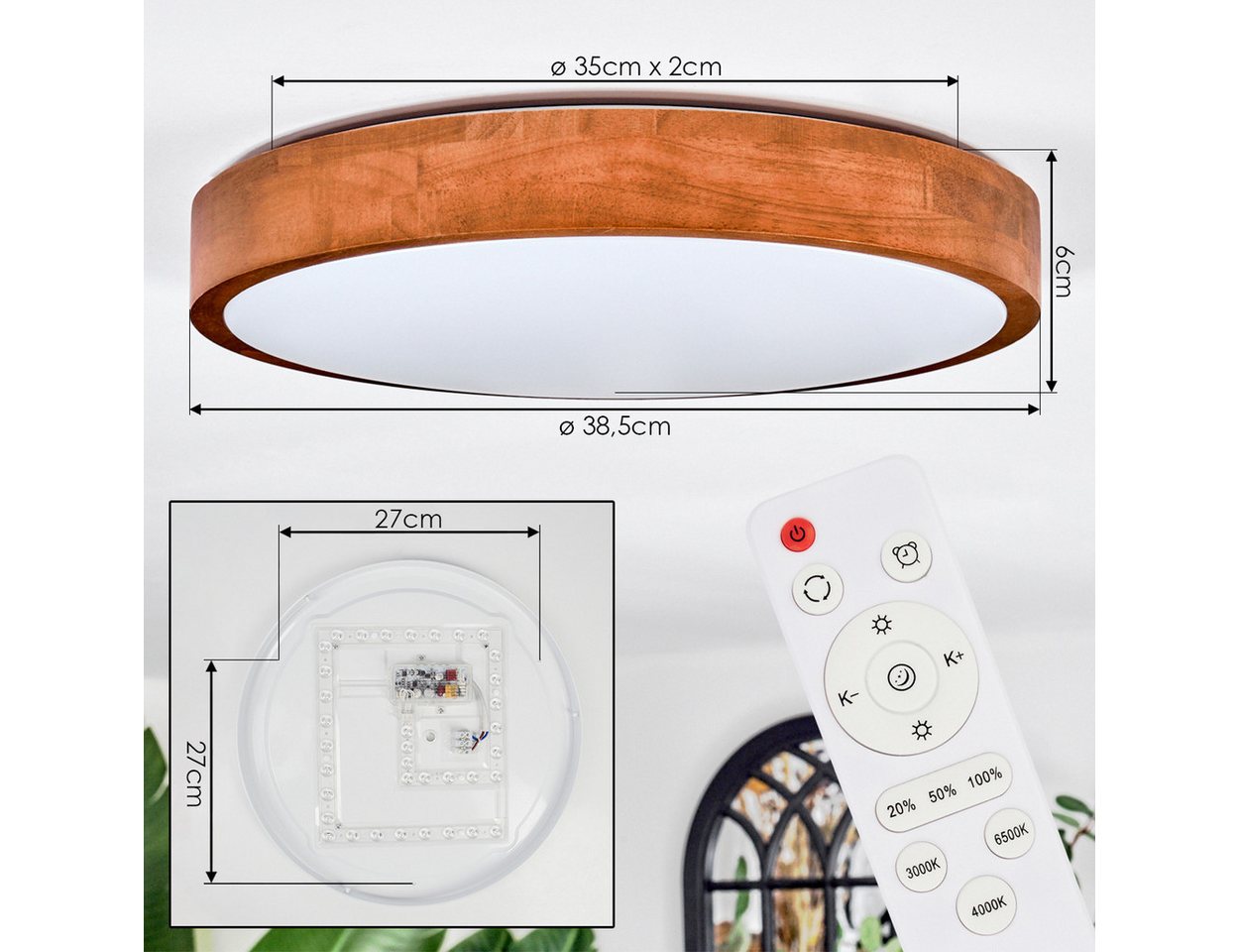hofstein Deckenleuchte Deckenlampe aus Metall/Holz/Kunststoff in Natur/Braun/Weiß, ohne Leuchtmittel, moderne Deckenleuchte (38,5 cm), CCT einstellbar, mit Fern – Bild 4 von 5