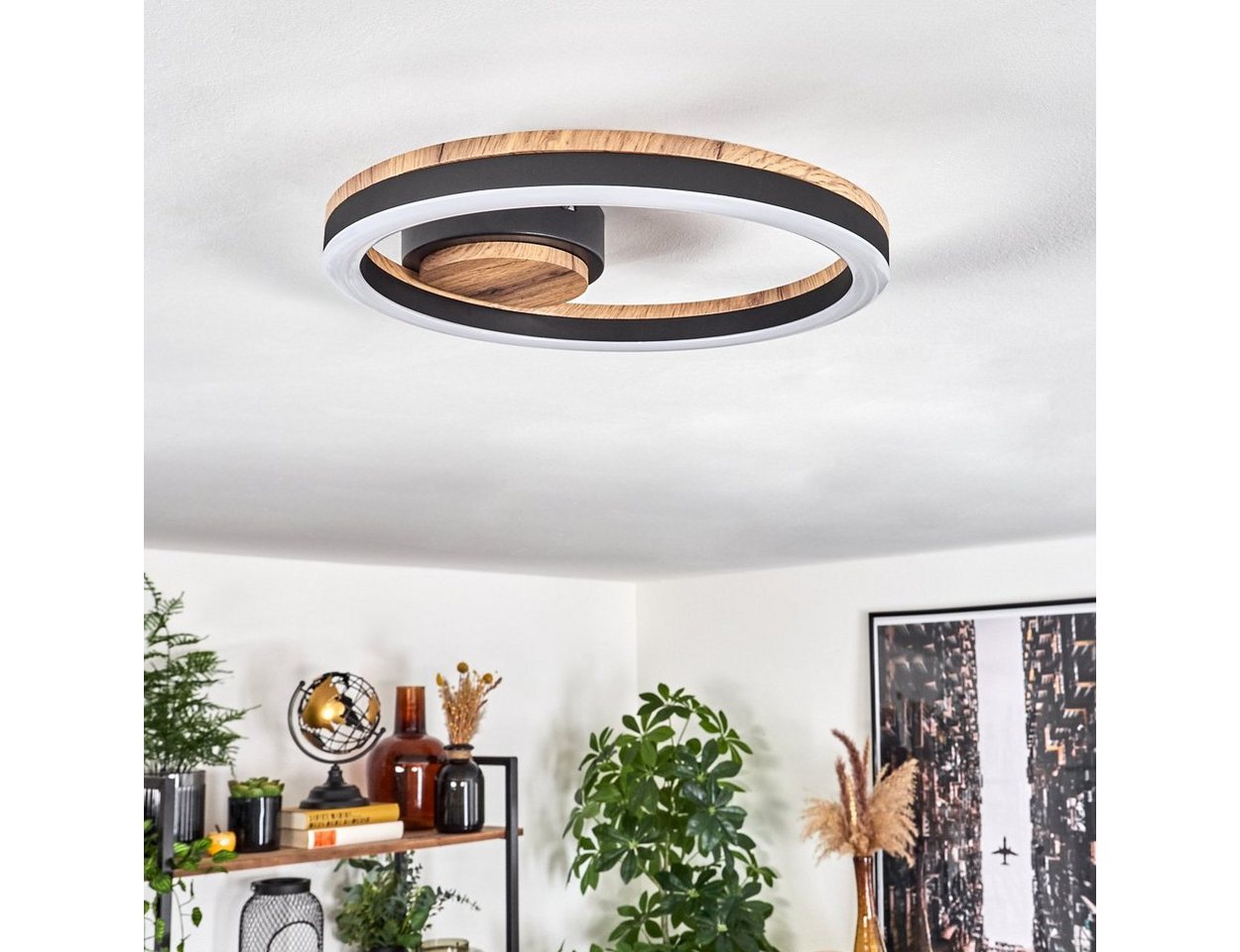 hofstein Deckenleuchte Deckenlampe aus Metall/MDF/Kunststoff in Schwarz/Holzoptik/Weiß, LED fest integriert, 3000 Kelvin, (30 cm), 12 Watt, 1350 Lumen, 3000 Kel – Bild 2 von 5