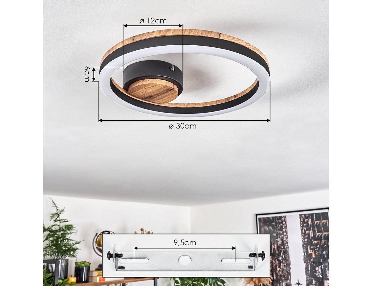 hofstein Deckenleuchte Deckenlampe aus Metall/MDF/Kunststoff in Schwarz/Holzoptik/Weiß, LED fest integriert, 3000 Kelvin, (30 cm), 12 Watt, 1350 Lumen, 3000 Kel – Bild 4 von 5