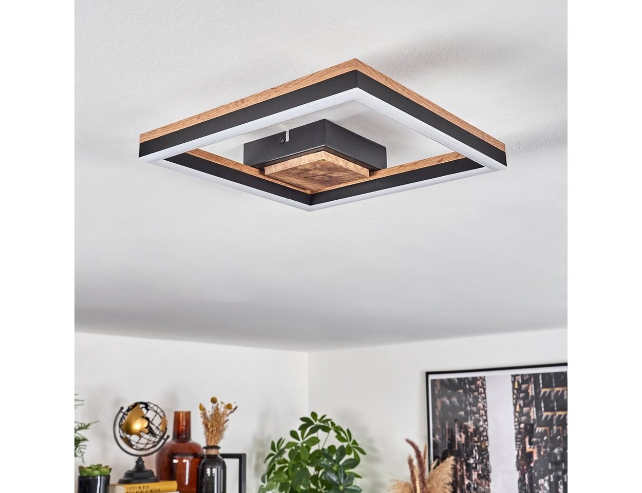 hofstein Deckenleuchte Deckenlampe aus Metall/MDF/Kunststoff in Schwarz/Holzoptik/Weiß, LED fest integriert, 3000 Kelvin, (12 cm x 12 cm), 12 Watt, 1350 Lumen,  – Bild 2 von 5
