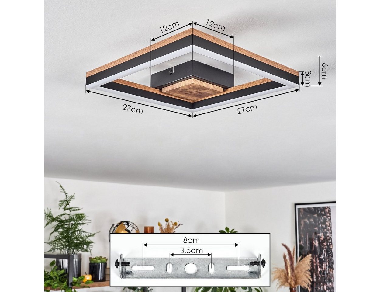 hofstein Deckenleuchte Deckenlampe aus Metall/MDF/Kunststoff in Schwarz/Holzoptik/Weiß, LED fest integriert, 3000 Kelvin, (12 cm x 12 cm), 12 Watt, 1350 Lumen,  – Bild 4 von 5
