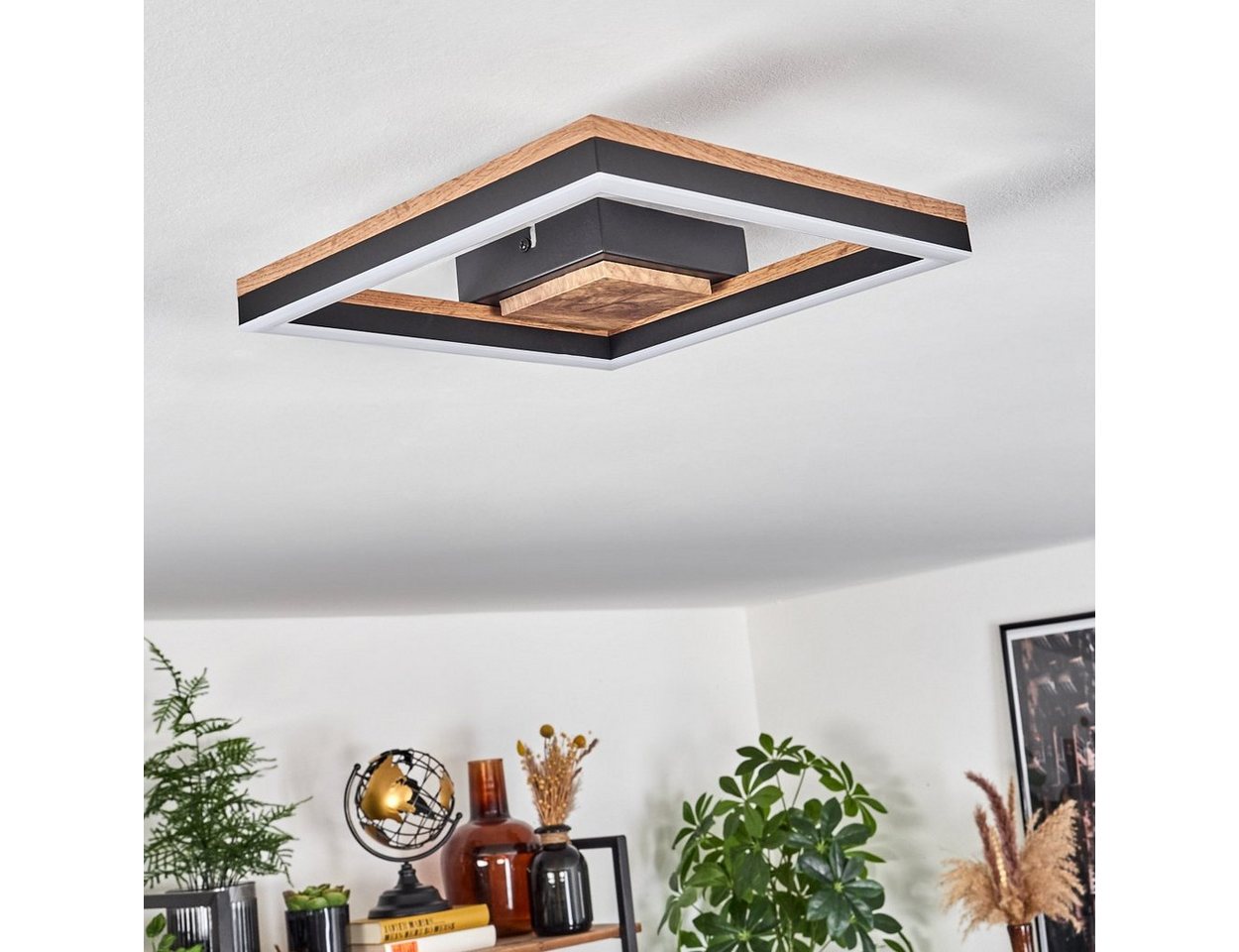 hofstein Deckenleuchte Deckenlampe aus Metall/MDF/Kunststoff in Schwarz/Holzoptik/Weiß, LED fest integriert, 3000 Kelvin, (12 cm x 12 cm), 12 Watt, 1350 Lumen,  – Bild 5 von 5