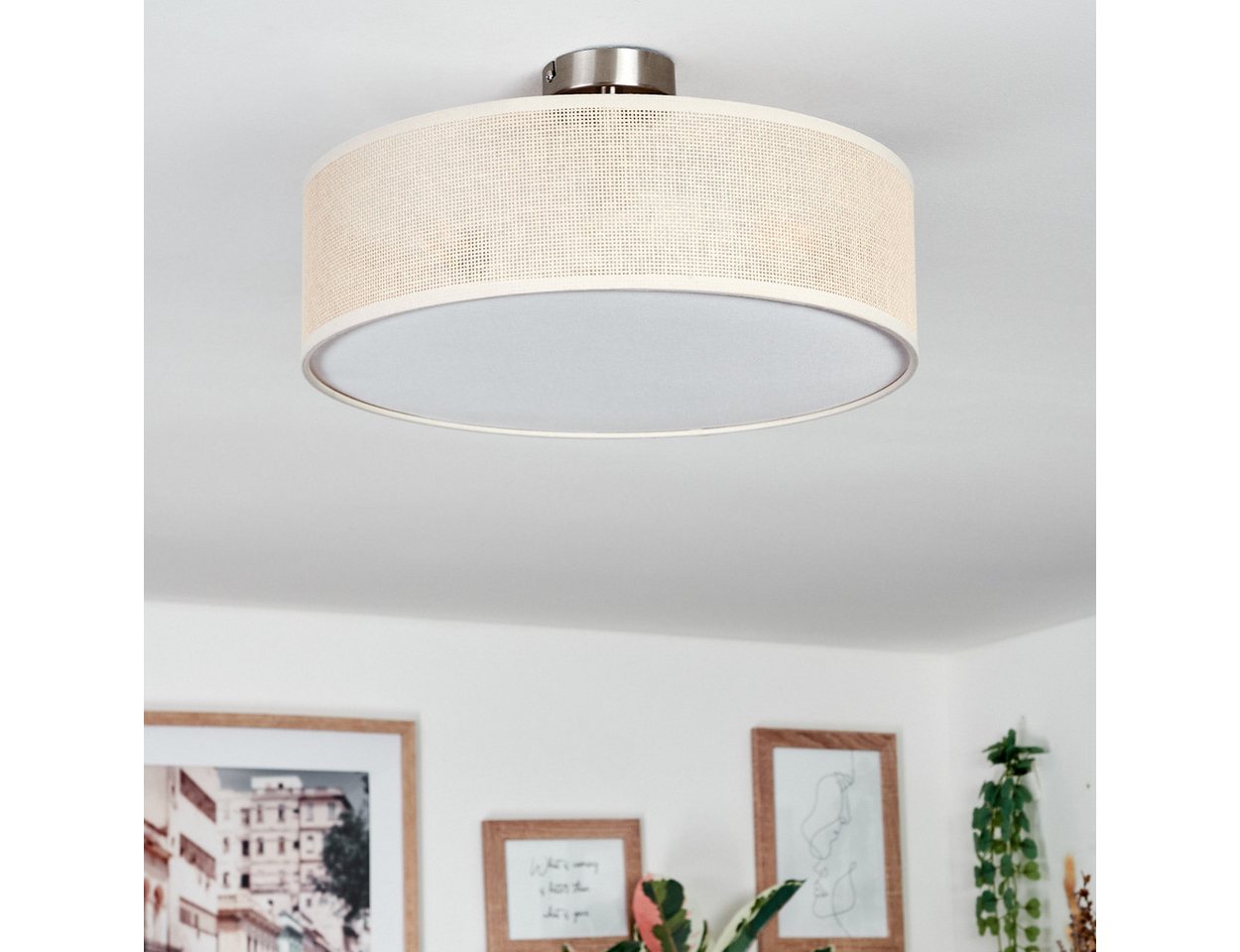 hofstein Deckenleuchte Deckenlampe aus Metall/Papiergeflecht/Stoff/Kunststoff in Natur/Weiß, Deckenleuchte im modernen Boho-Design, Ø 40 cm, E27 – Bild 2 von 5