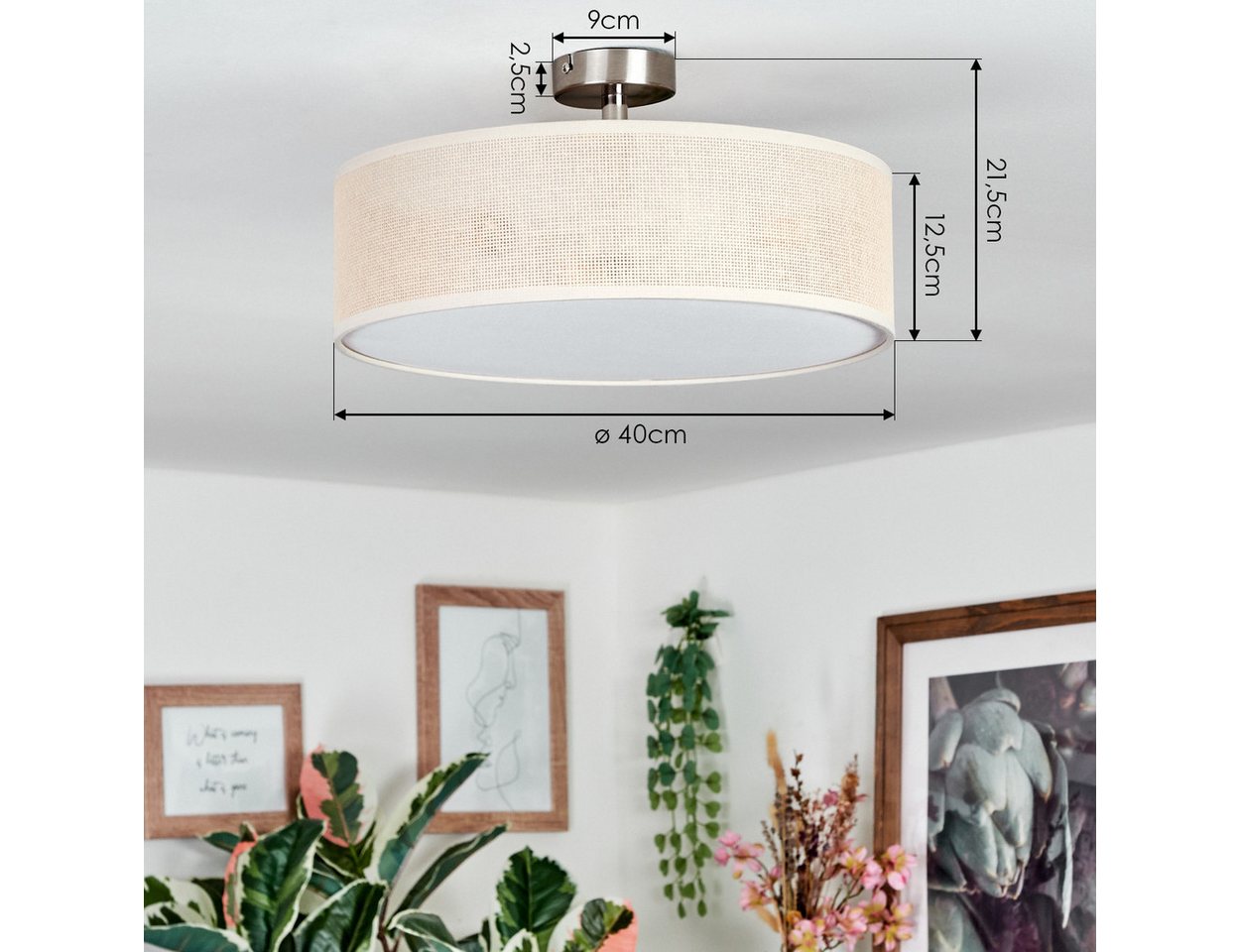 hofstein Deckenleuchte Deckenlampe aus Metall/Papiergeflecht/Stoff/Kunststoff in Natur/Weiß, Deckenleuchte im modernen Boho-Design, Ø 40 cm, E27 – Bild 4 von 5