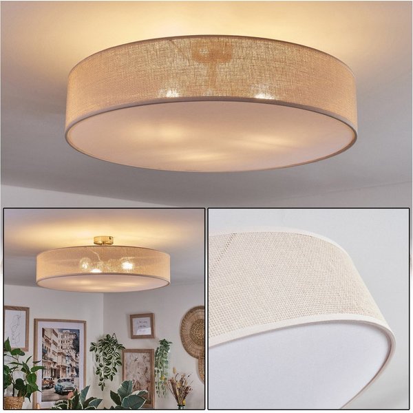 hofstein Deckenleuchte Deckenlampe aus Metall/Papiergeflecht/Kunststoff in Nickel/Natur/Weiß, ohne Leuchtmittel, runde Leuchte im Boho-Design (60 cm), E27, Essz
