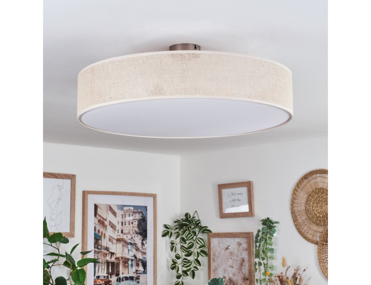 hofstein Deckenleuchte Deckenlampe aus Metall/Papiergeflecht/Kunststoff in Nickel/Natur/Weiß, ohne Leuchtmittel, runde Leuchte im Boho-Design (60 cm), E27, Essz – Bild 2 von 5