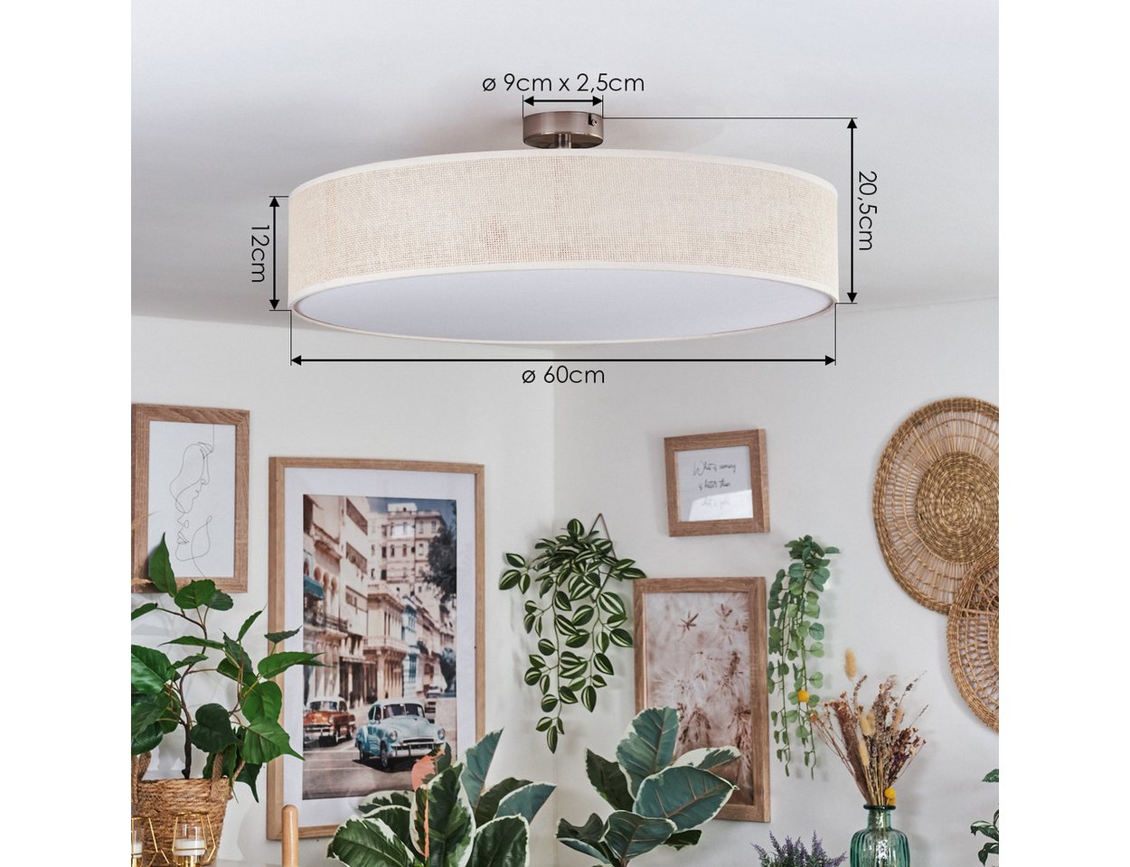 hofstein Deckenleuchte Deckenlampe aus Metall/Papiergeflecht/Kunststoff in Nickel/Natur/Weiß, ohne Leuchtmittel, runde Leuchte im Boho-Design (60 cm), E27, Essz – Bild 4 von 5