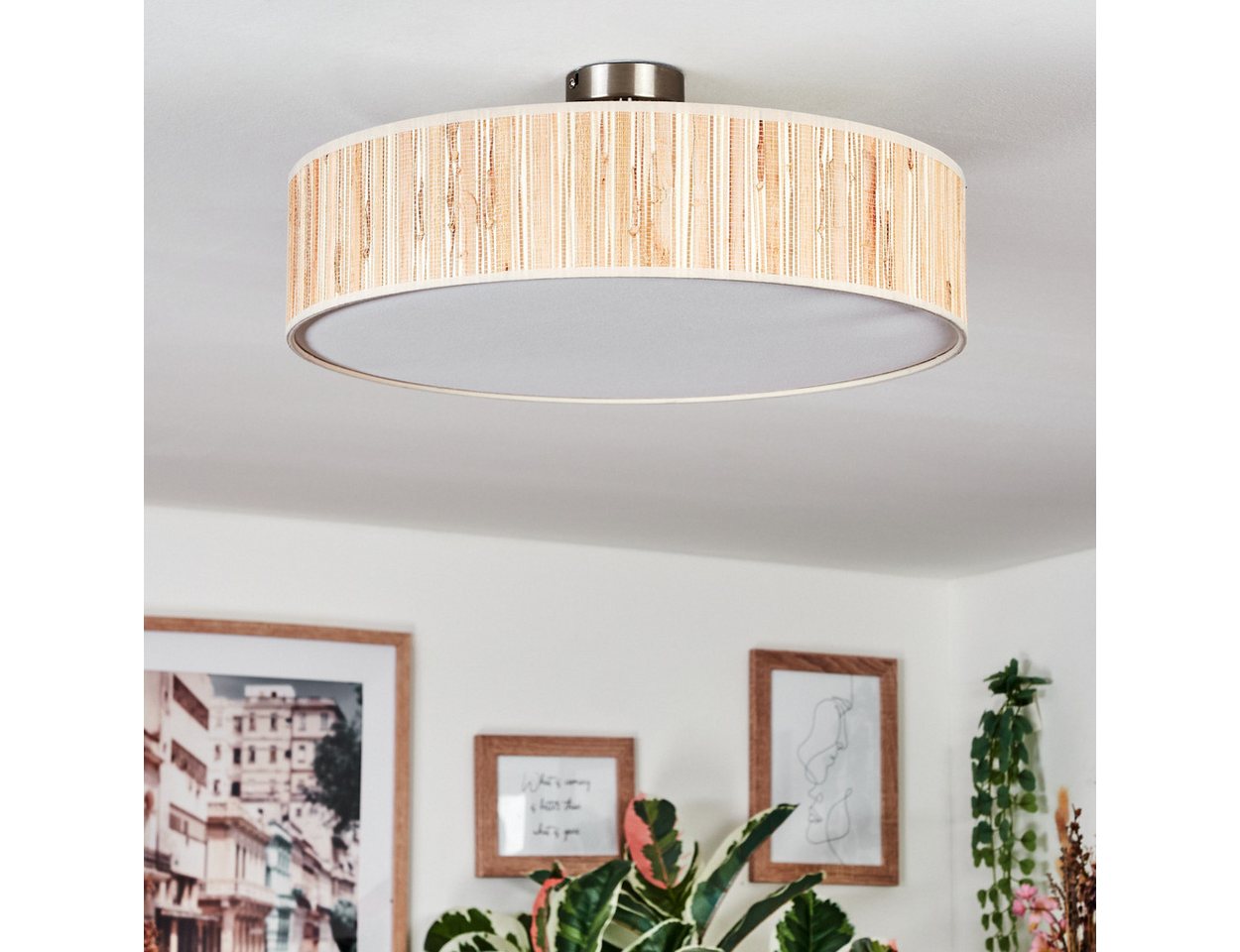 hofstein Deckenleuchte Deckenlampe aus Metall/Seegras/Stoff/Kunststoff in Beige/Weiß, Deckenleuchte im modernen Boho-Design, Ø 50 cm, E27 – Bild 2 von 5