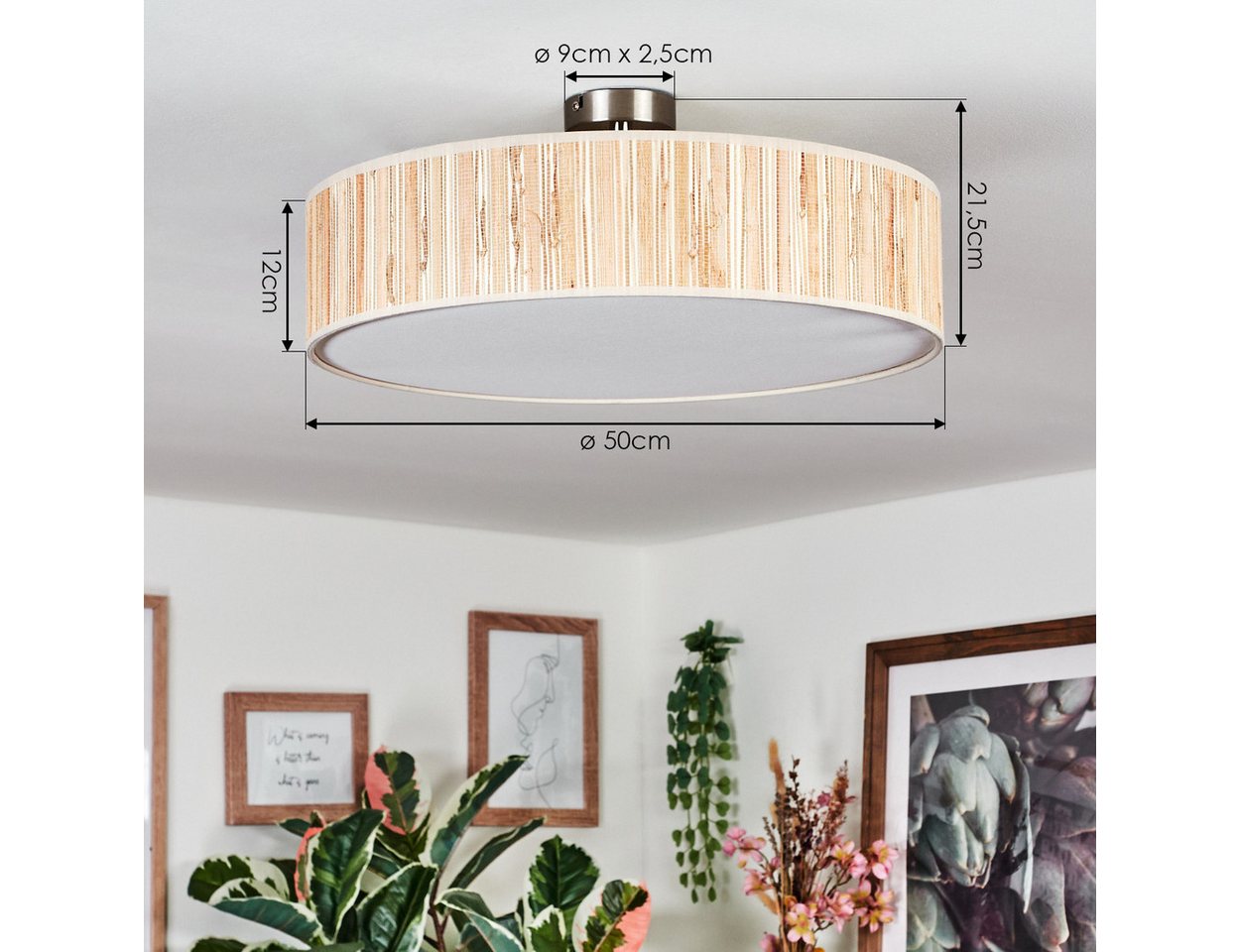 hofstein Deckenleuchte Deckenlampe aus Metall/Seegras/Stoff/Kunststoff in Beige/Weiß, Deckenleuchte im modernen Boho-Design, Ø 50 cm, E27 – Bild 4 von 5