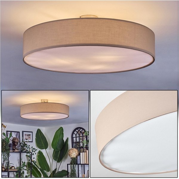 hofstein Deckenleuchte Deckenlampe aus Metall/Stoff/Kunststoff in Nickel-matt/Beige/Weiß, ohne Leuchtmittel, runde Leuchte im Boho-Design (60 cm), E27, Esszimme