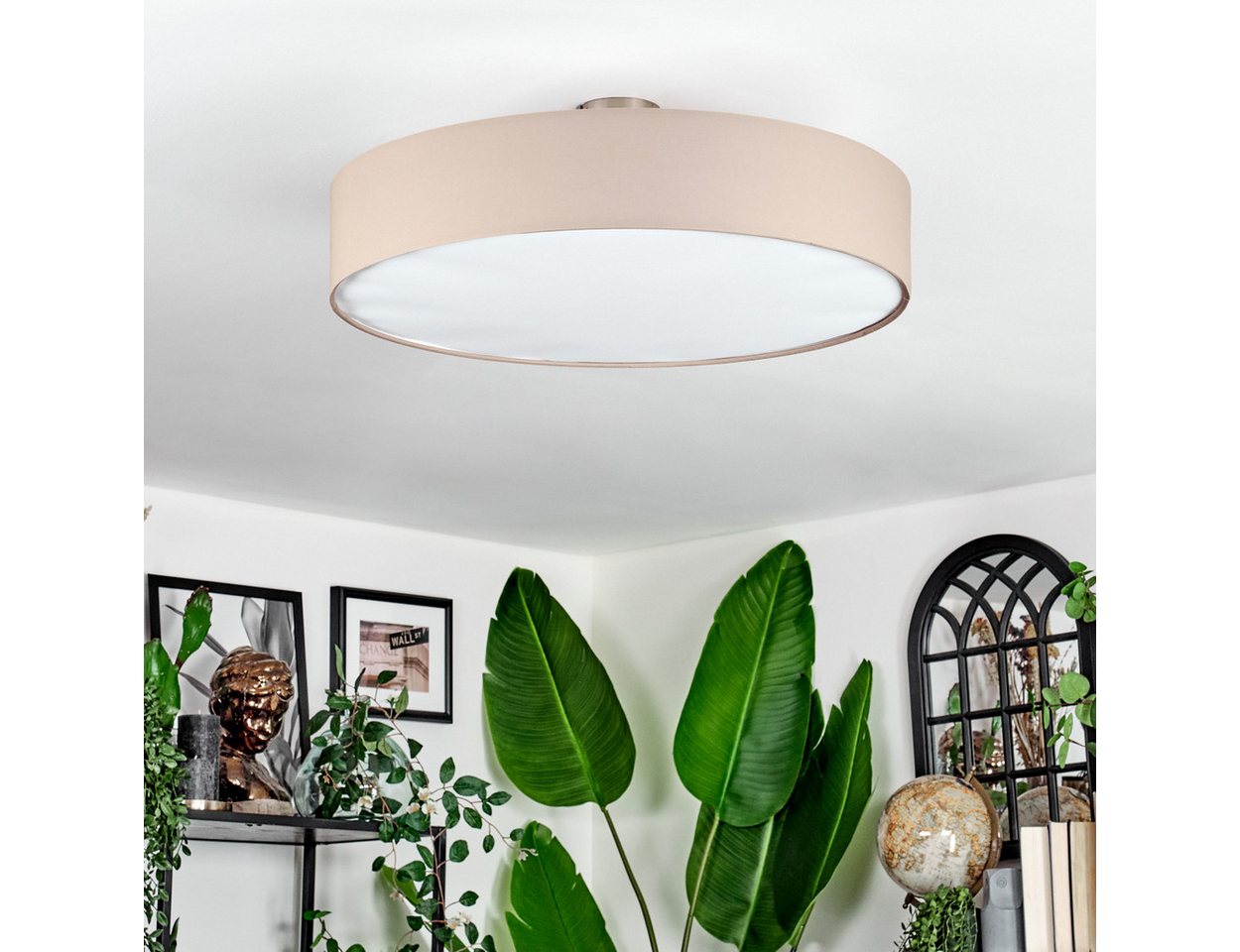 hofstein Deckenleuchte Deckenlampe aus Metall/Stoff/Kunststoff in Nickel-matt/Beige/Weiß, ohne Leuchtmittel, runde Leuchte im Boho-Design (60 cm), E27, Esszimme – Bild 2 von 5