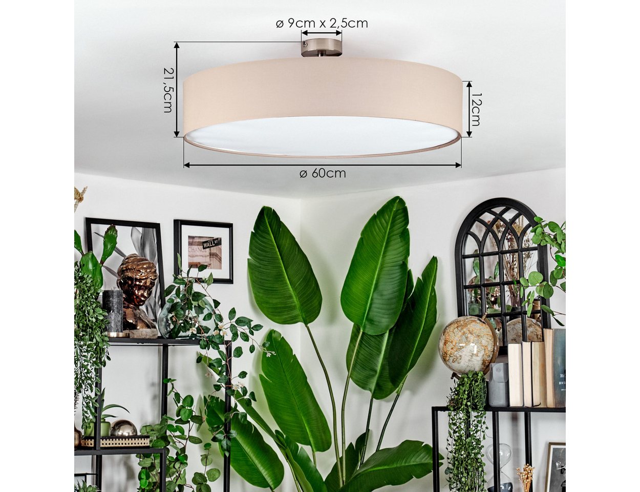 hofstein Deckenleuchte Deckenlampe aus Metall/Stoff/Kunststoff in Nickel-matt/Beige/Weiß, ohne Leuchtmittel, runde Leuchte im Boho-Design (60 cm), E27, Esszimme – Bild 4 von 5