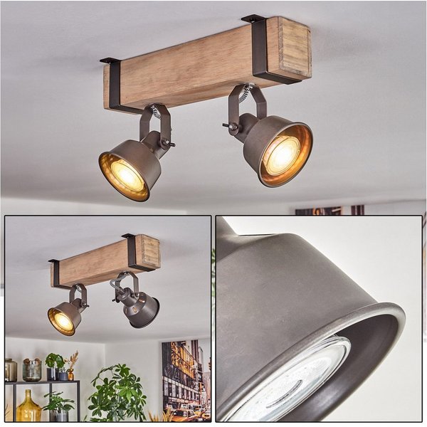 hofstein Deckenleuchte Deckenlampe verstellbar aus Metall/Holz in Grau/Naturfarben, ohne Leuchtmittel, Deckenleuchte im Industrial/Retro/Vintage-Design m. Holzb