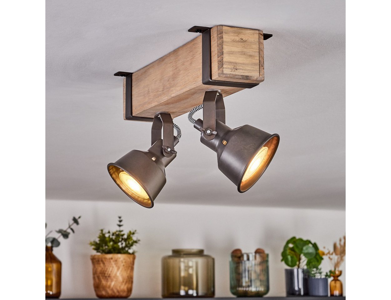 hofstein Deckenleuchte Deckenlampe verstellbar aus Metall/Holz in Grau/Naturfarben, ohne Leuchtmittel, Deckenleuchte im Industrial/Retro/Vintage-Design m. Holzb – Bild 5 von 5