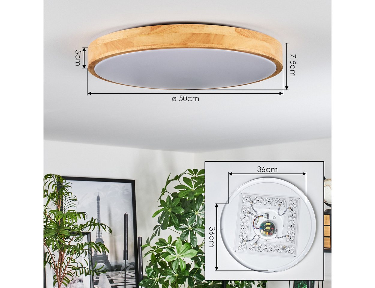 hofstein Deckenleuchte Deckenpanel aus Metall/Kunststoff/Bambus in Weiß/Natur, LED wechselbar, 3000-6500 Kelvin – Bild 4 von 5