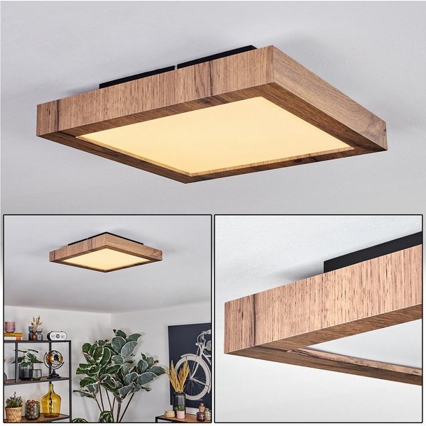 hofstein Deckenleuchte Deckenpanel aus Metall/Kunststoff/MDF in Schwarz/Holzoptik/Weiß, LED wechselbar, 3000 Kelvin, flache Leuchte, skandinavisches Design, 12 