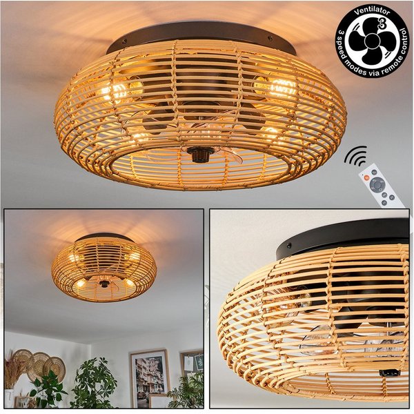 hofstein Deckenleuchte Deckenventilator mit Beleuchtung aus Metall/Bambus, Fernbedienung, ohne Leuchtmittel, Auf-/Abwind-Funktion, Lichteffekt, Ø 50cm, 4x E27, 
