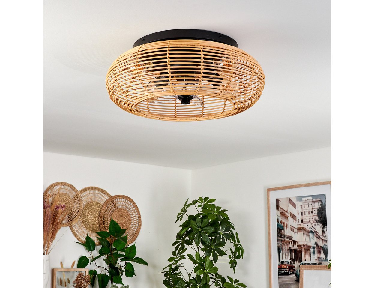 hofstein Deckenleuchte Deckenventilator mit Beleuchtung aus Metall/Bambus, Fernbedienung, ohne Leuchtmittel, Auf-/Abwind-Funktion, Lichteffekt, Ø 50cm, 4x E27,  – Bild 2 von 5