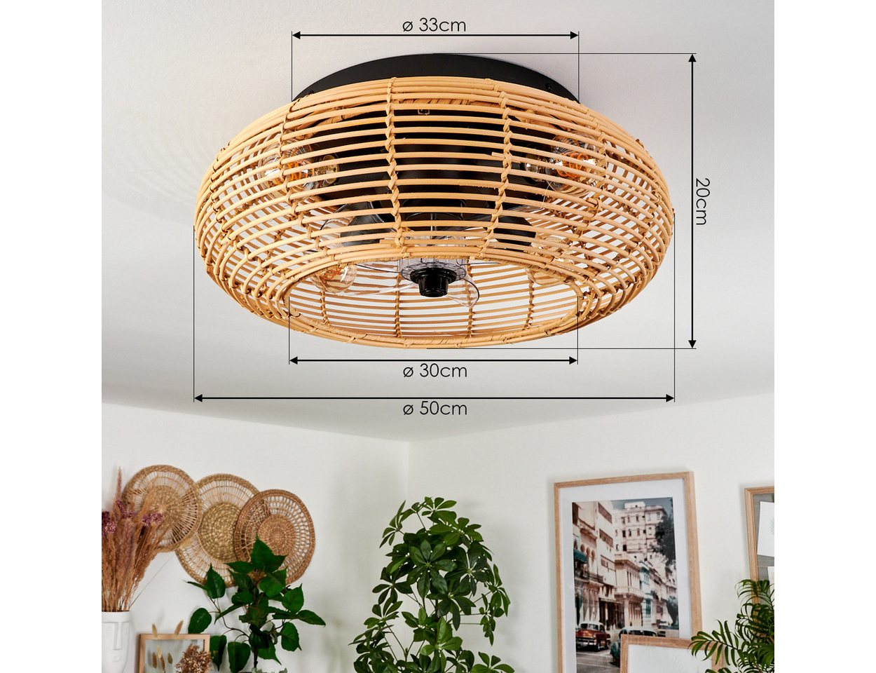 hofstein Deckenleuchte Deckenventilator mit Beleuchtung aus Metall/Bambus, Fernbedienung, ohne Leuchtmittel, Auf-/Abwind-Funktion, Lichteffekt, Ø 50cm, 4x E27,  – Bild 4 von 5