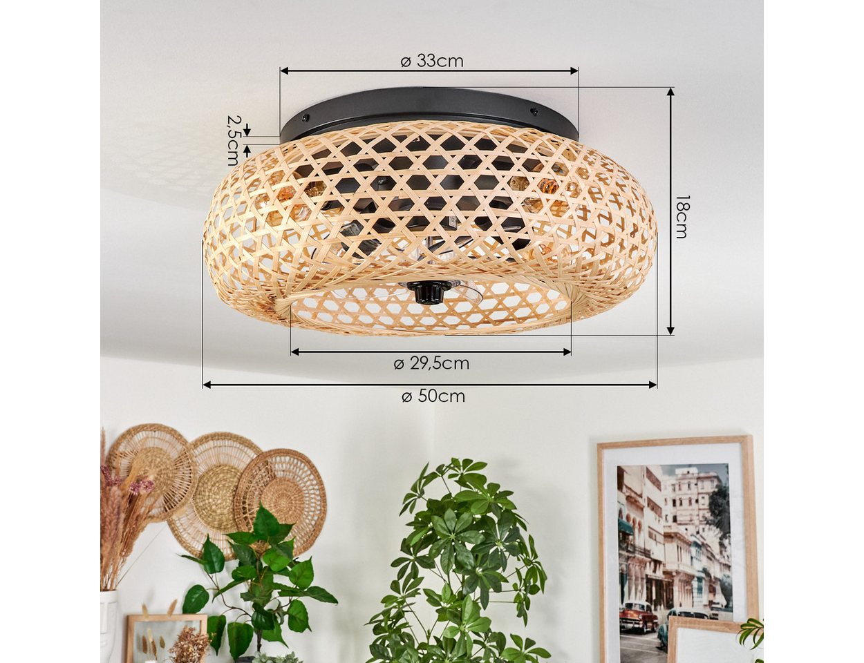 hofstein Deckenleuchte Deckenventilator mit Beleuchtung aus Metall/Bambus, Fernbedienung, ohne Leuchtmittel, Auf-/Abwind-Funktion, Lichteffekt, Ø 50cm, 4xE27, o – Bild 4 von 5