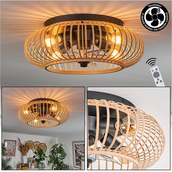 hofstein Deckenleuchte Deckenventilator mit Beleuchtung aus Metall/Bambus, Fernbedienung, ohne Leuchtmittel, Auf-/Abwind-Funktion, Lichteffekt, Ø 50cm, 4xE27, o