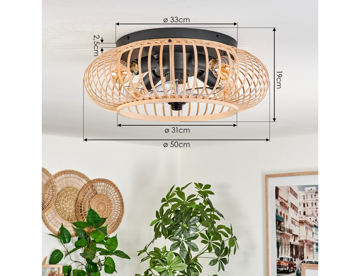 hofstein Deckenleuchte Deckenventilator mit Beleuchtung aus Metall/Bambus, Fernbedienung, ohne Leuchtmittel, Auf-/Abwind-Funktion, Lichteffekt, Ø 50cm, 4xE27, o – Bild 4 von 5