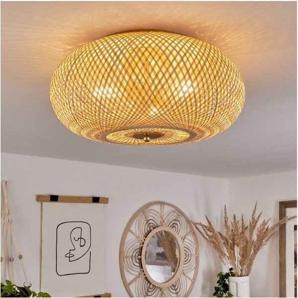 hofstein Deckenleuchte »Decollatura« runde Deckenlampe aus Holz/Metall in Natur/Messingfarben, ohne Leuchtmittel, Leuchte in Gitter-Optik mit tollen Lichteffekt