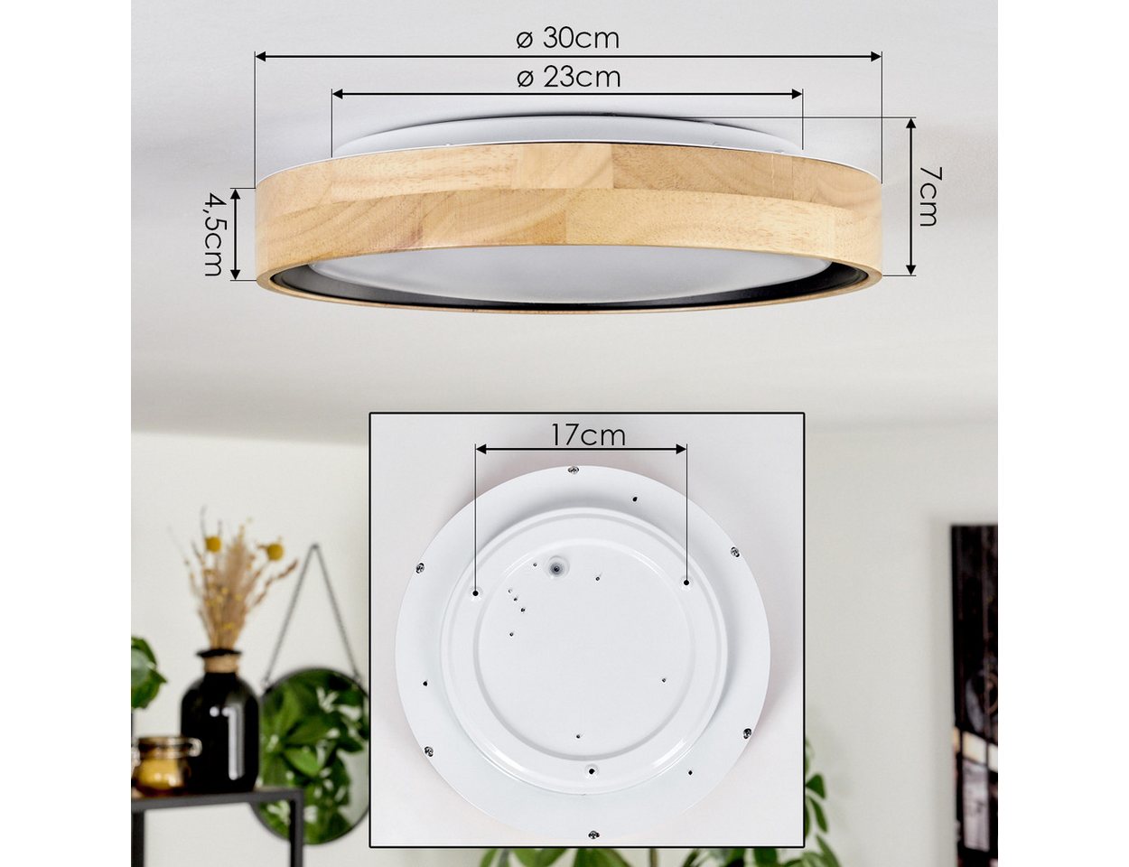 hofstein Deckenleuchte dimmbare Deckenleuchte aus Holz/Metall/Kunststoff in Natur/Weiß, LED wechselbar, 2700-6500 Kelvin, dimmbar über Fernbedienung, LED, (30cm – Bild 4 von 5
